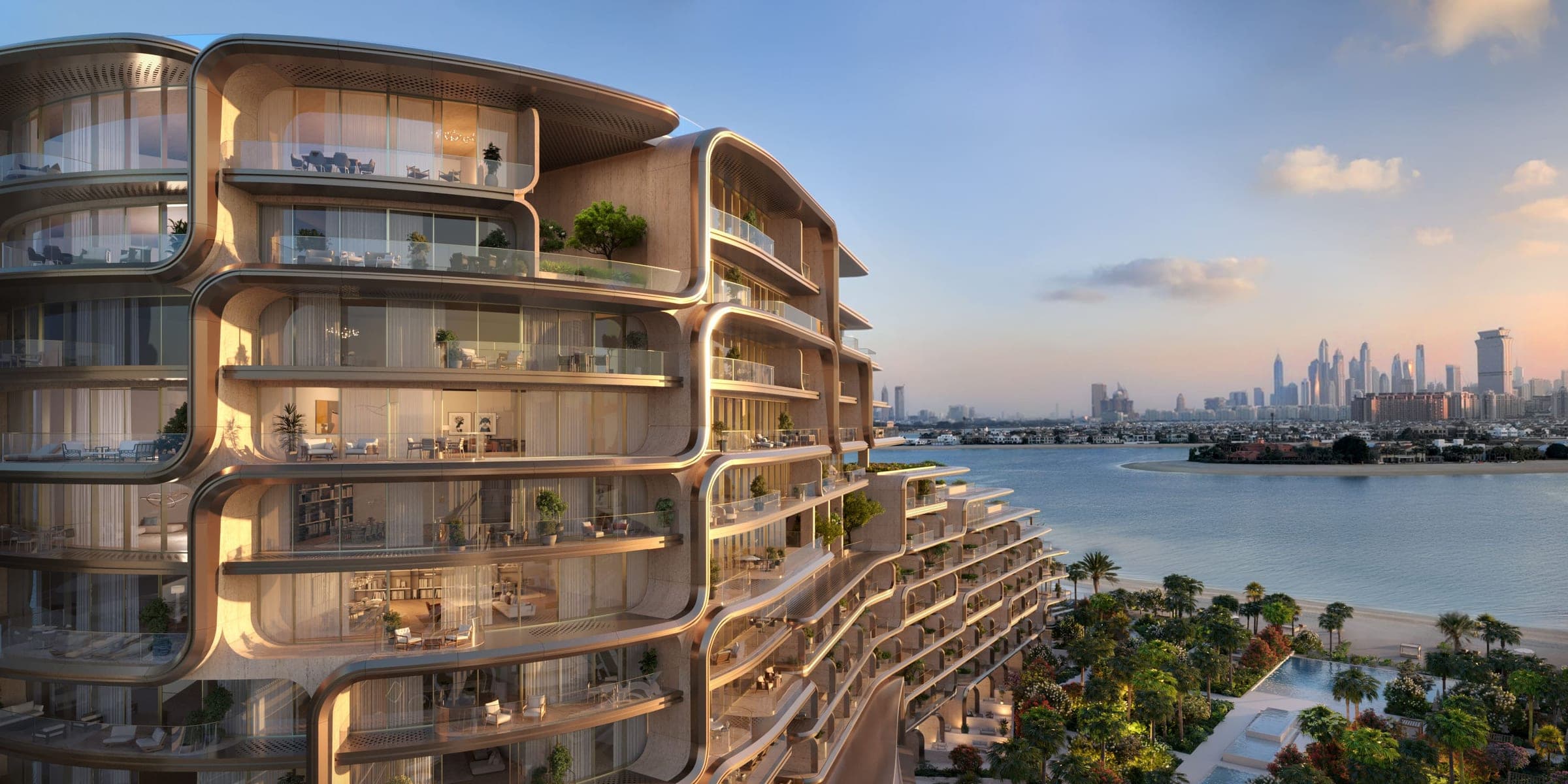 Render of the curved, glazed terraces of The Alba Resort Residences at dusk, looking across Palm Jumeirah towards the Dubai Marina skyline