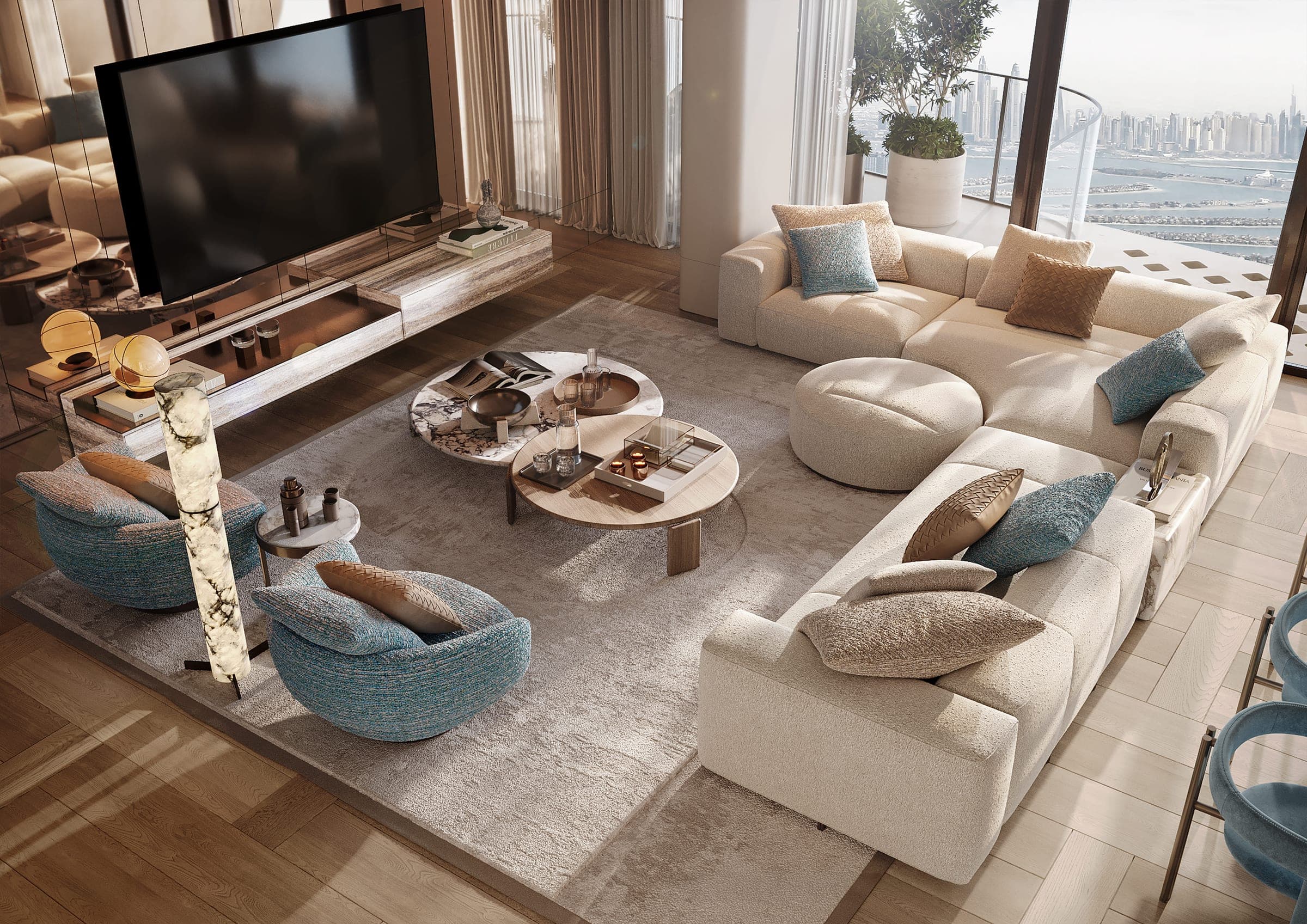 Render of a living room at The Alba Resort Residences, sofas and armchairs around low tables beside full-height windows looking over the Palm Jumeirah fronds towards the Dubai Marina skyline