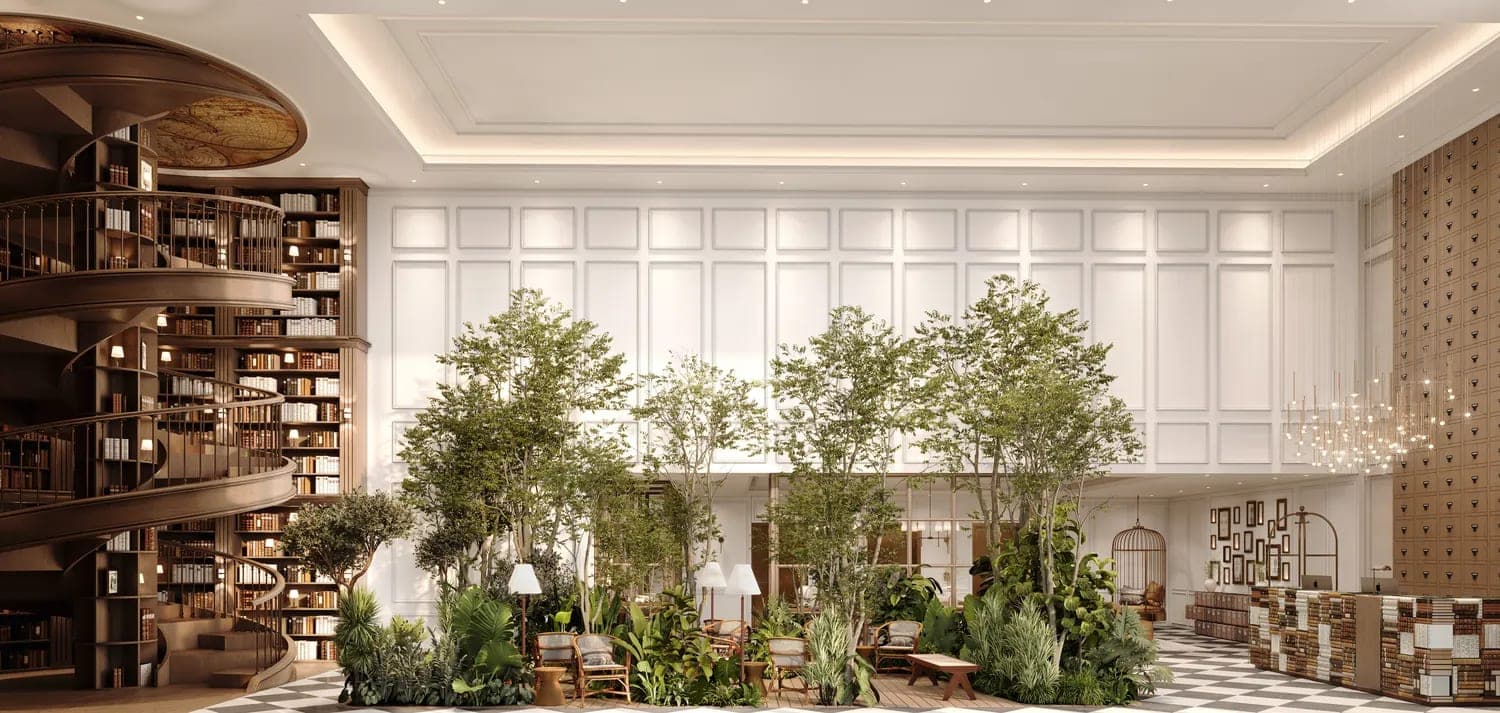 Render of the double-height library lounge at The Archive by Imtiaz, with curved shelving and planting under a skylit ceiling