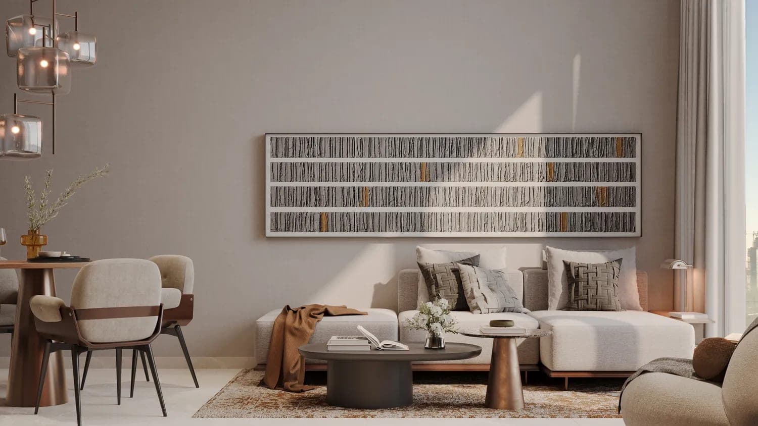 Render of a furnished living and dining area in an apartment at The Archive by Imtiaz