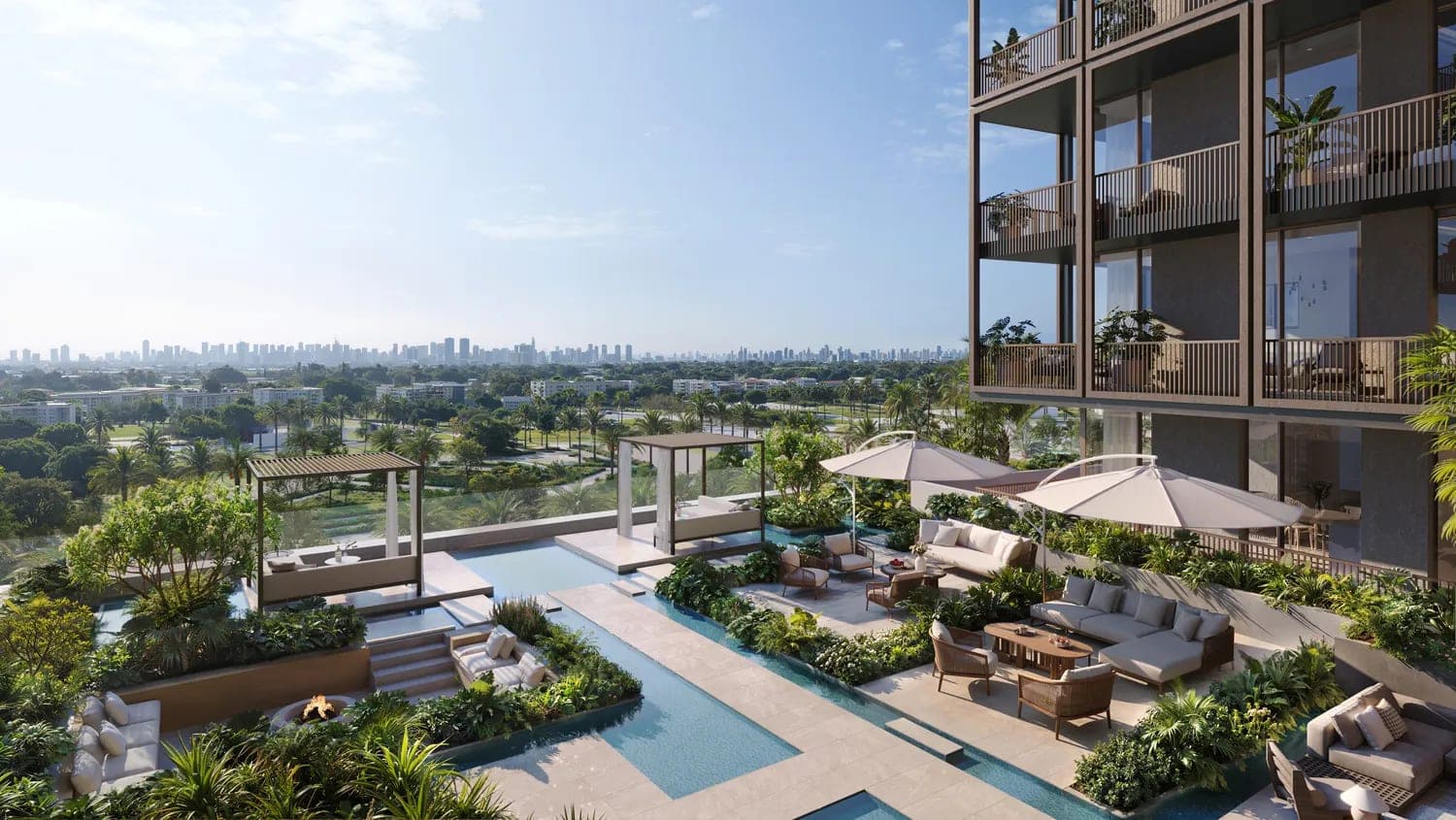 Render of the podium pool deck with cabanas, loungers and planting at The Archive by Imtiaz