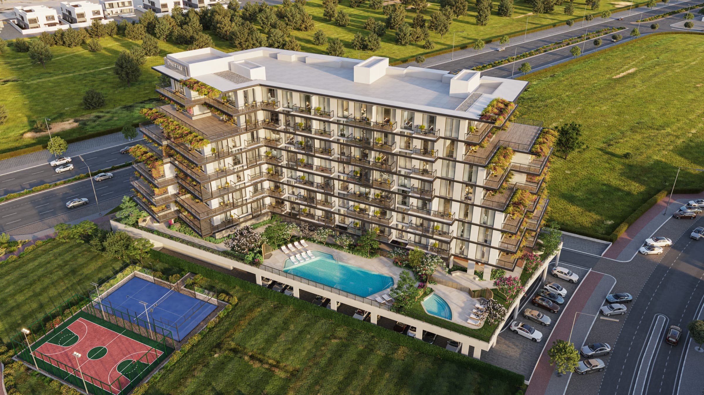 Render of The Haven III in Majan from the air, showing the podium pool, a padel court and a basketball court, with villas and open land beyond