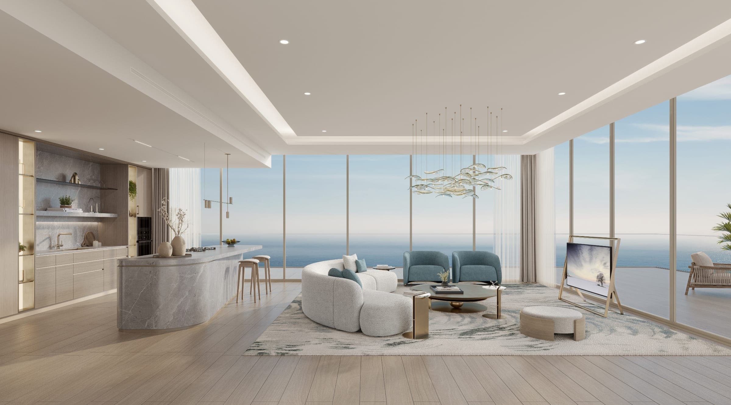 Render of an open-plan living room and kitchen at The Meriva Collection on Dubai Islands, with a curved sofa and full-height glazing facing the sea