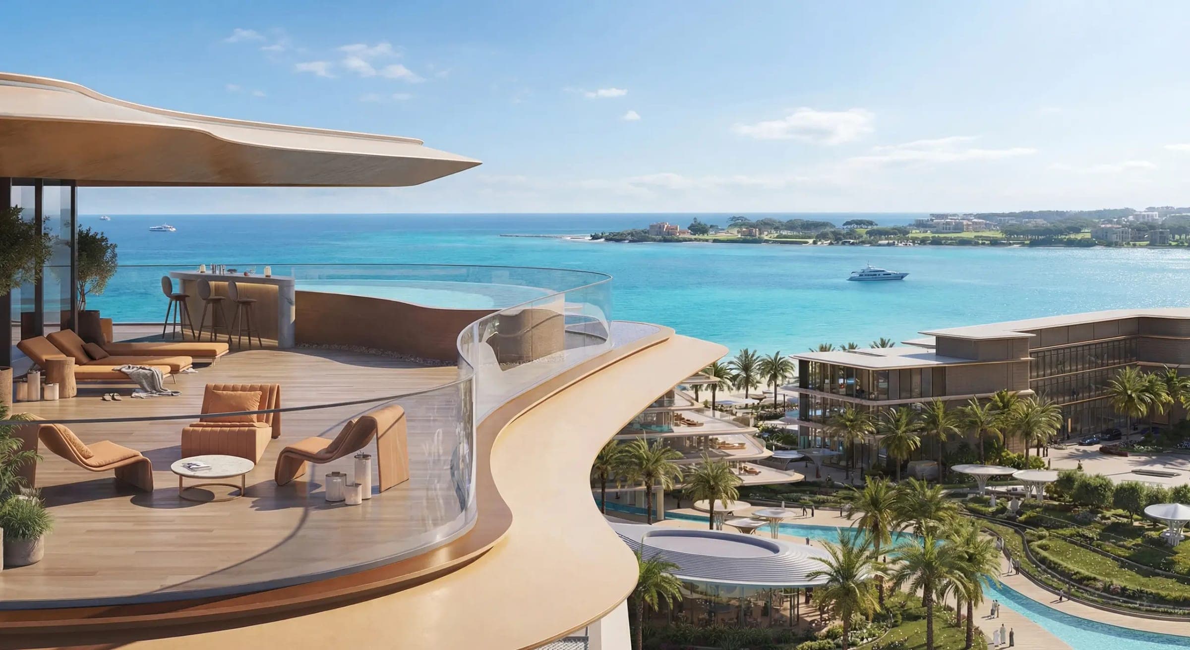 Render of an upper-floor terrace at The Meriva Collection on Dubai Islands, with a curved pool, loungers and a bar looking over turquoise water to a green shoreline