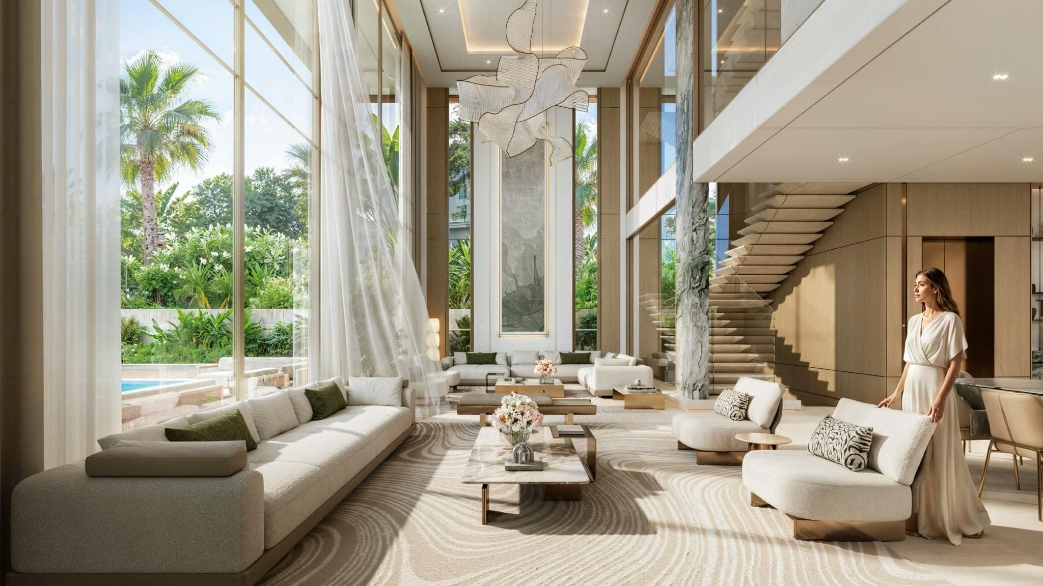 Render of a double-height living area inside a villa at Tilal Binghatti
