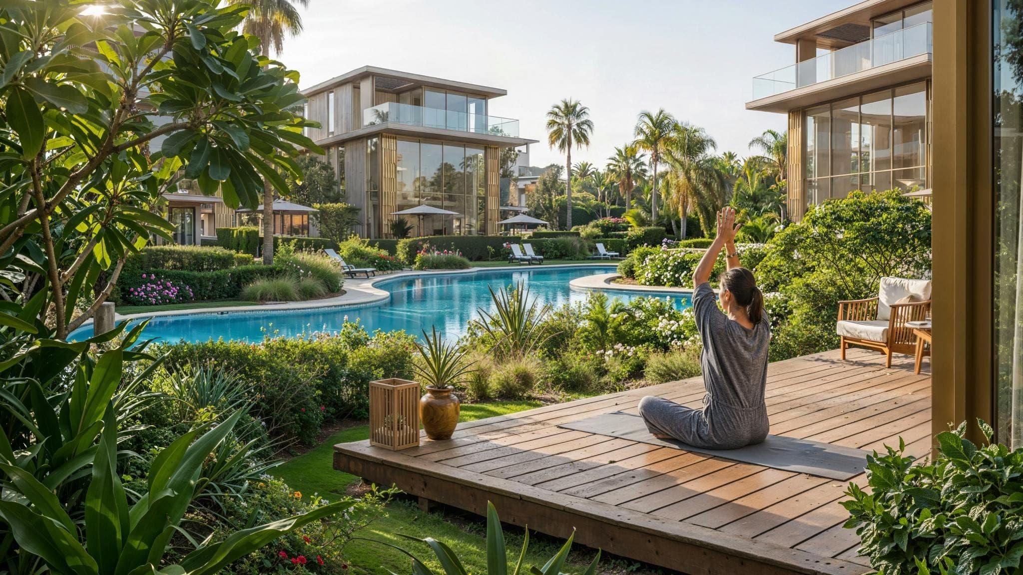 Render of villas at Tilal Binghatti arranged along a landscaped waterway