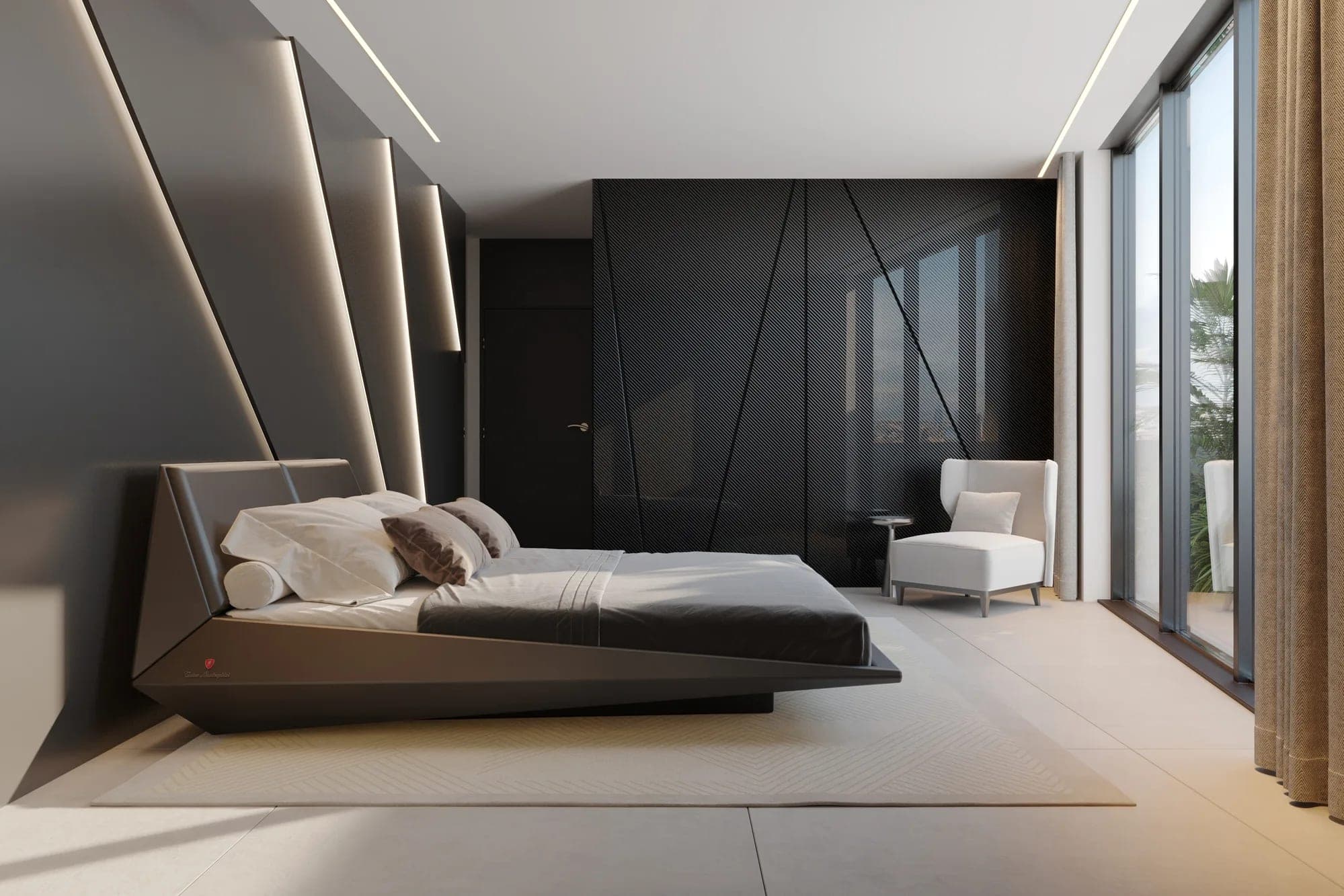 Render of a furnished bedroom at Tonino Lamborghini Residences Dubai