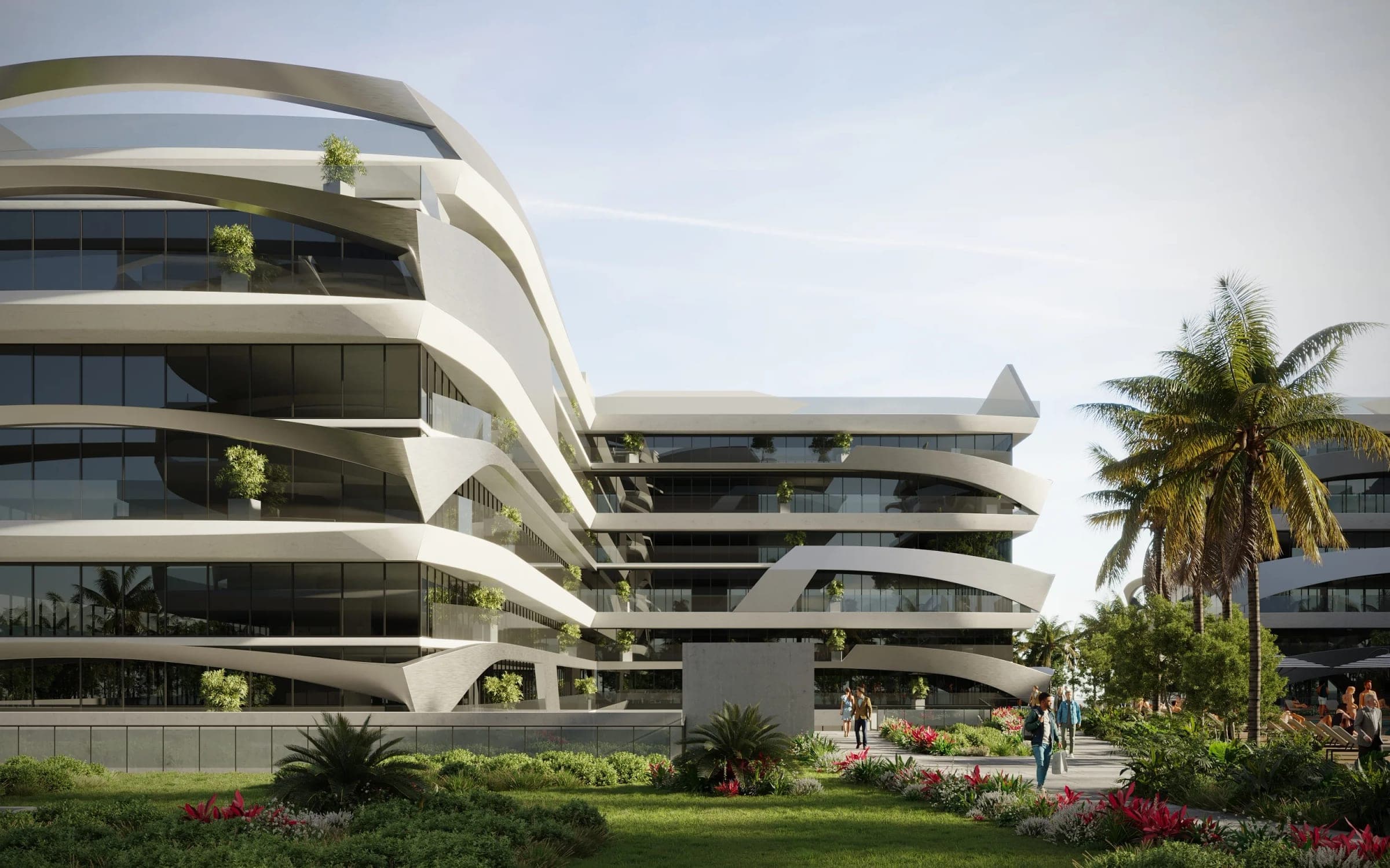 Render of Tonino Lamborghini Residences Dubai by day, showing the curved terraces and landscaped frontage