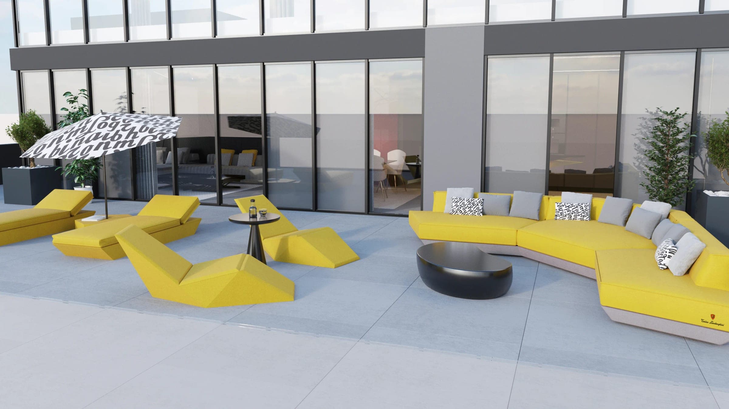 Render of a residents' terrace lounge at Tonino Lamborghini Residences Dubai