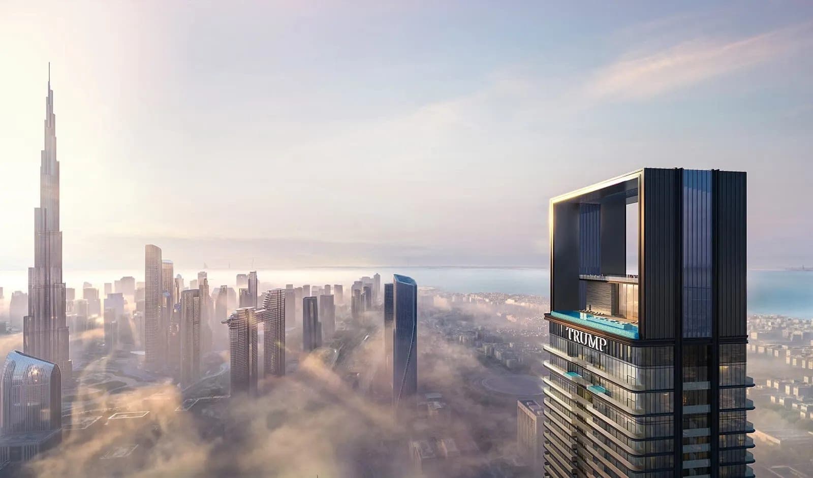 Render of Trump International Hotel & Tower Dubai rising above the clouds, with the Burj Khalifa beyond