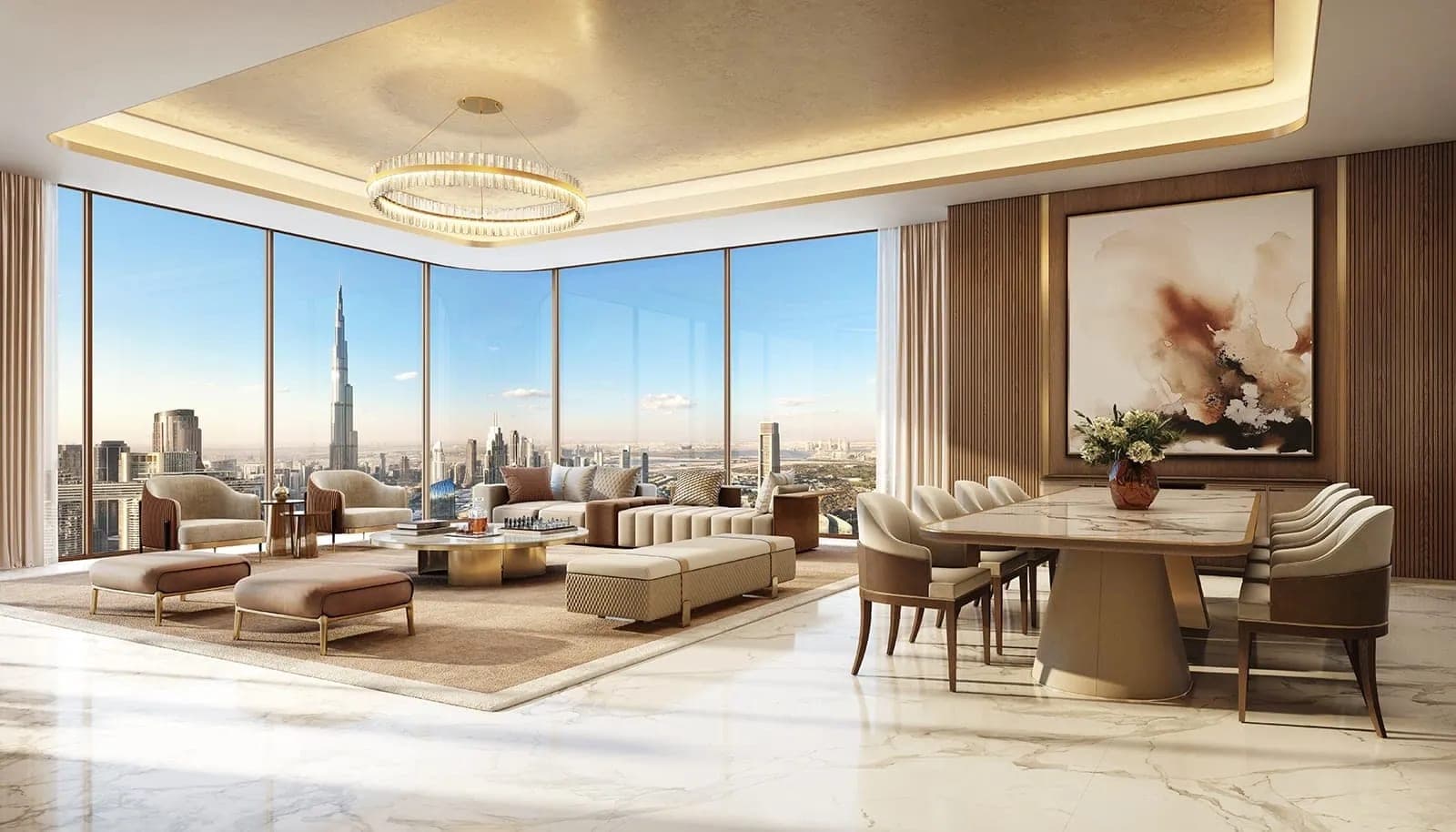 Render of the furnished living and dining area of an executive suite at Trump International Hotel & Tower Dubai