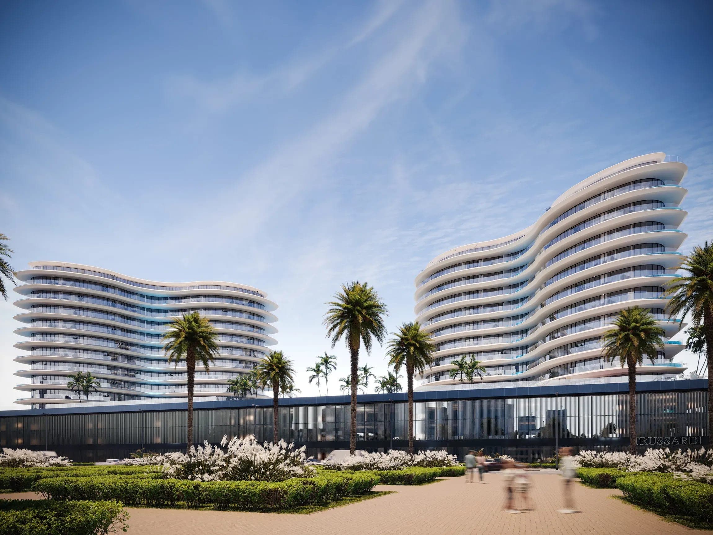 Render of Trussardi Residences Phase II, the curved balconies of its frontage seen across the planted forecourt
