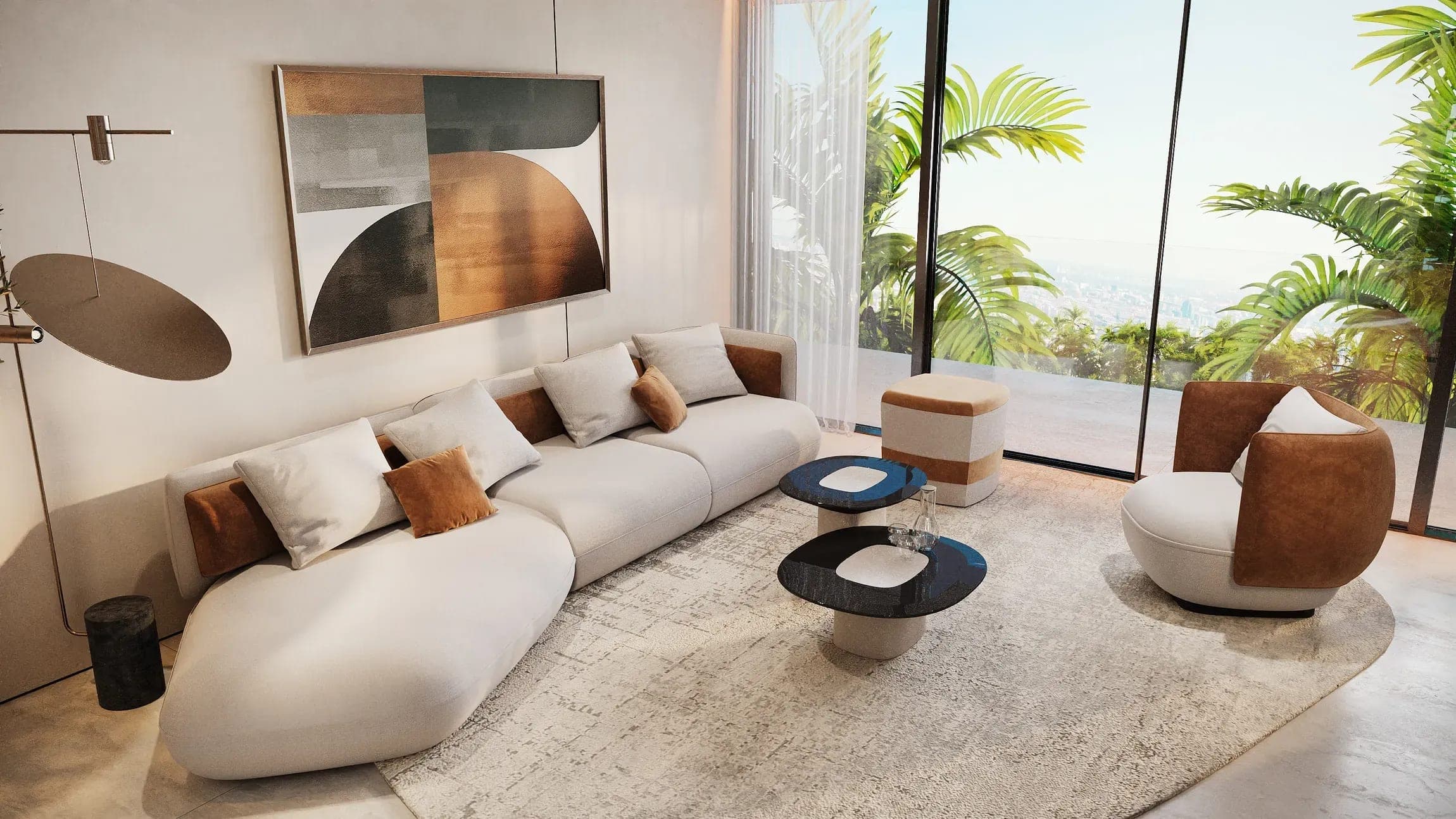 Render of a furnished living room in an apartment at Trussardi Residences Phase II, floor-to-ceiling glazing on to a terrace