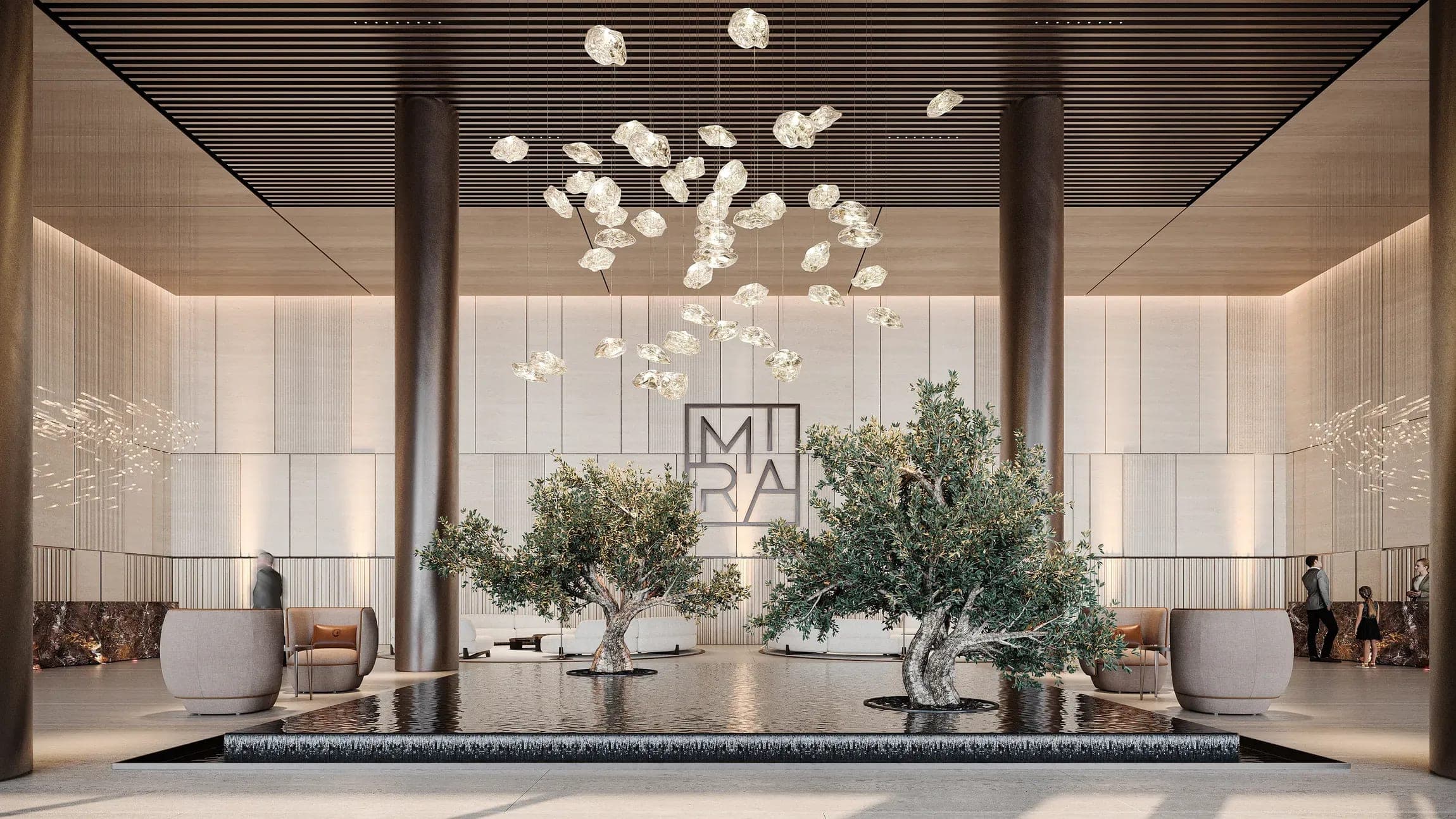 Render of the double-height entrance lobby at Trussardi Residences Phase II, with a chandelier above a planted reflecting pool