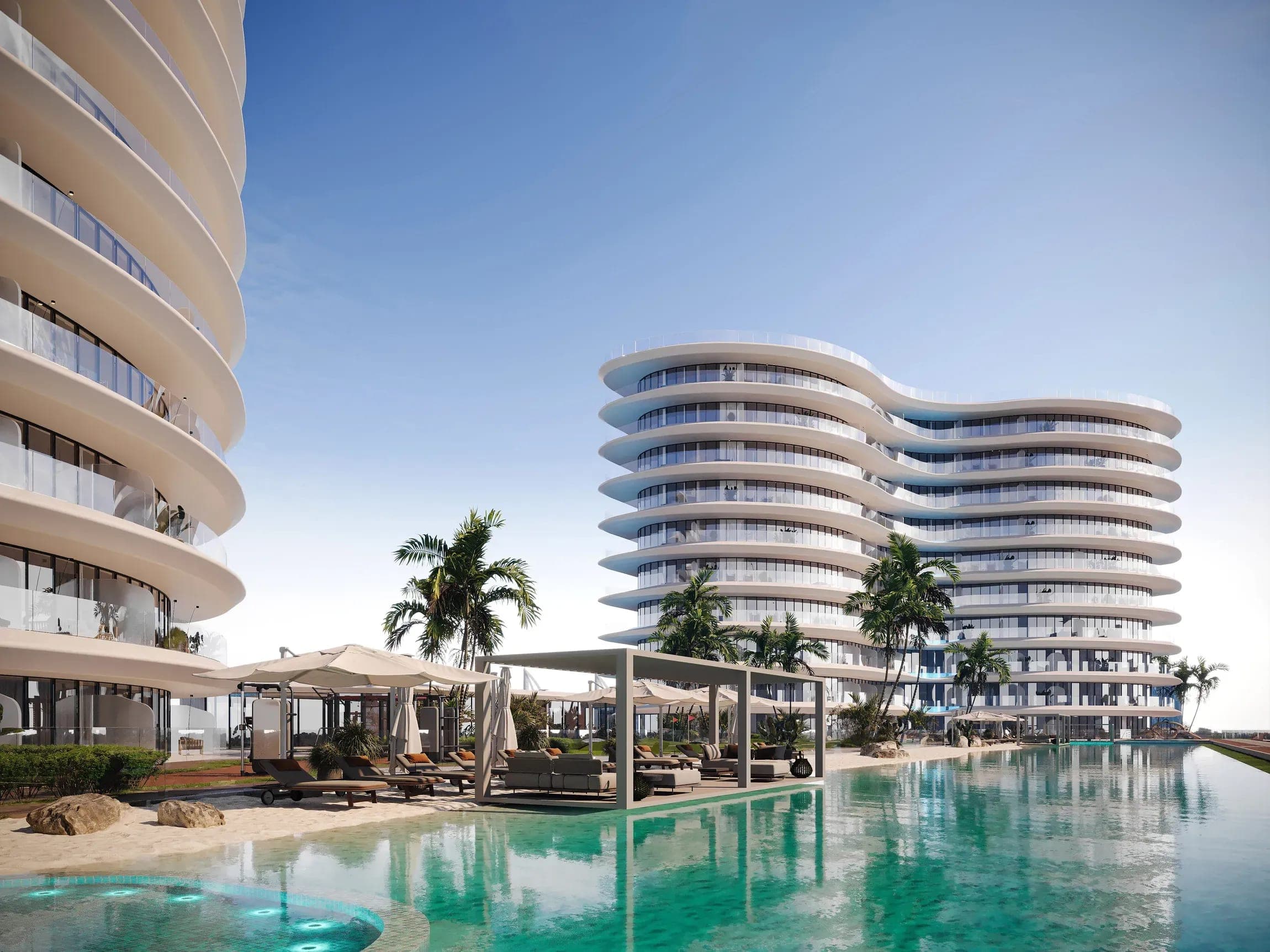 Render of the pool terrace at Trussardi Residences Phase II, the curved building rising behind the water
