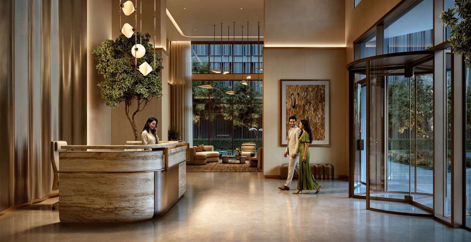 Render of the entrance lobby at Valia, with a stone reception desk, a planted tree and a revolving door