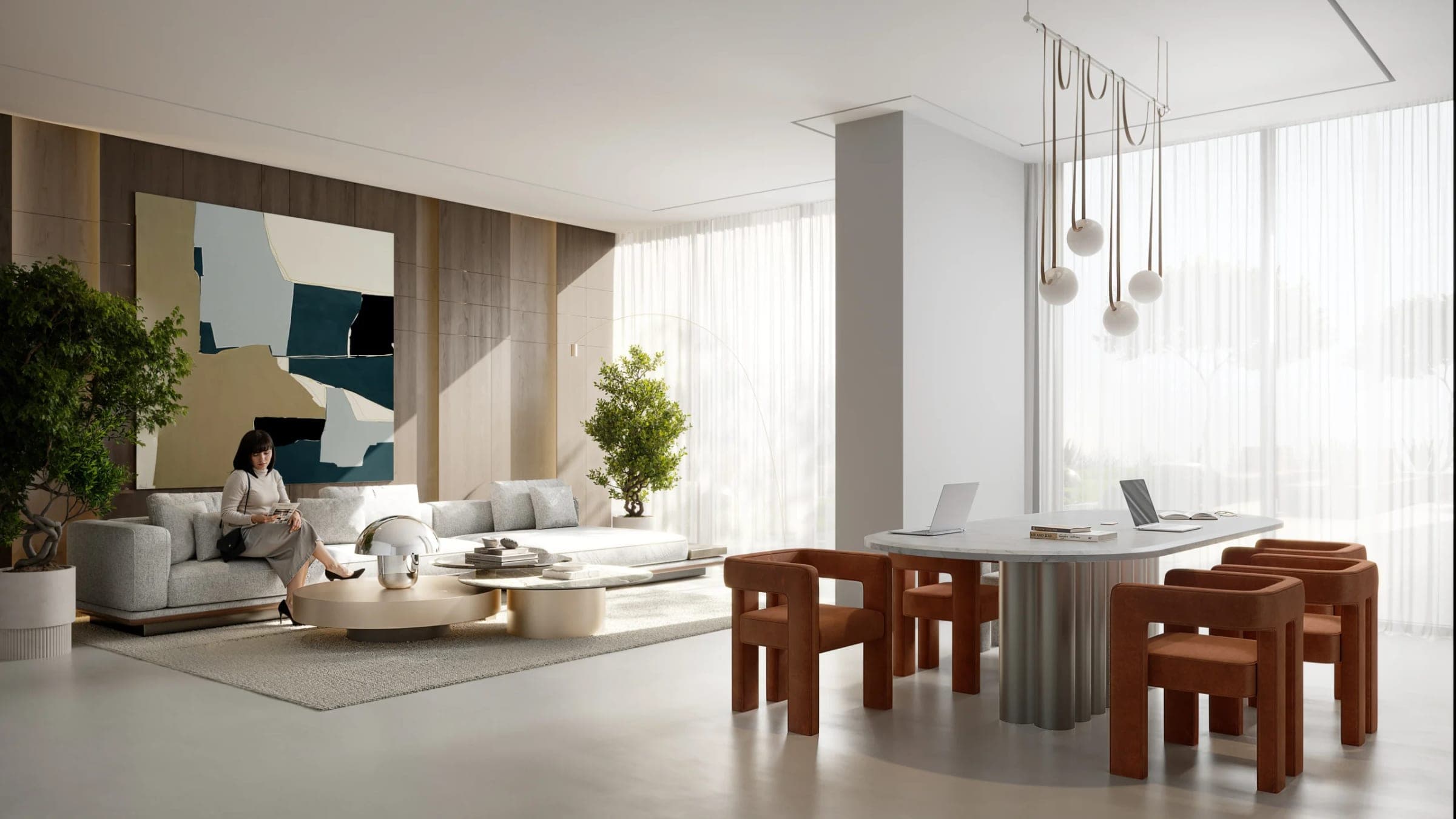 Render of the clubhouse lounge at VERDAN1A 4, with a sofa, low tables and a co-working table beside sheer-curtained windows