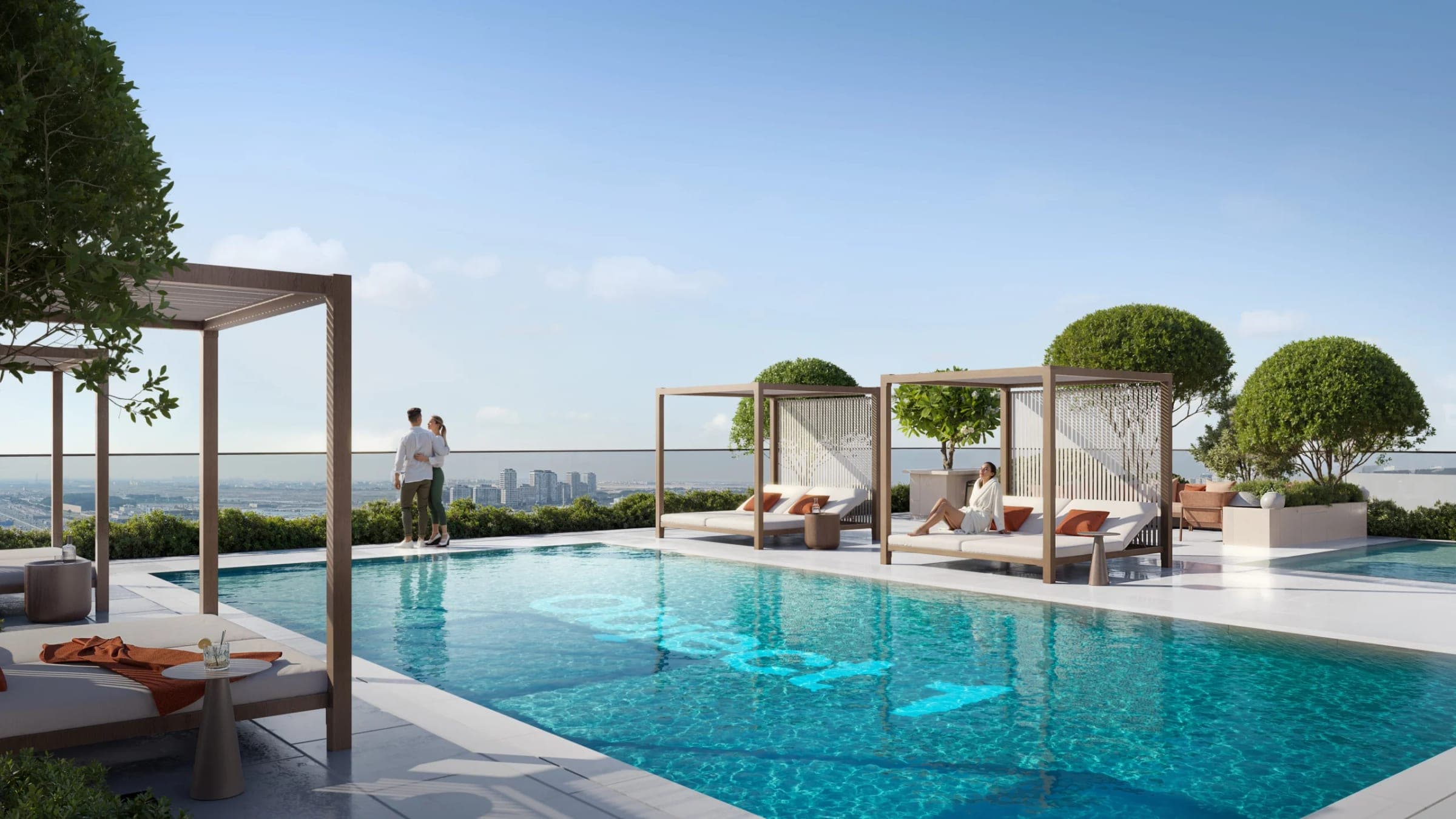 Render of the swimming pool at VERDAN1A 4, with shaded cabanas, loungers and clipped trees along the deck