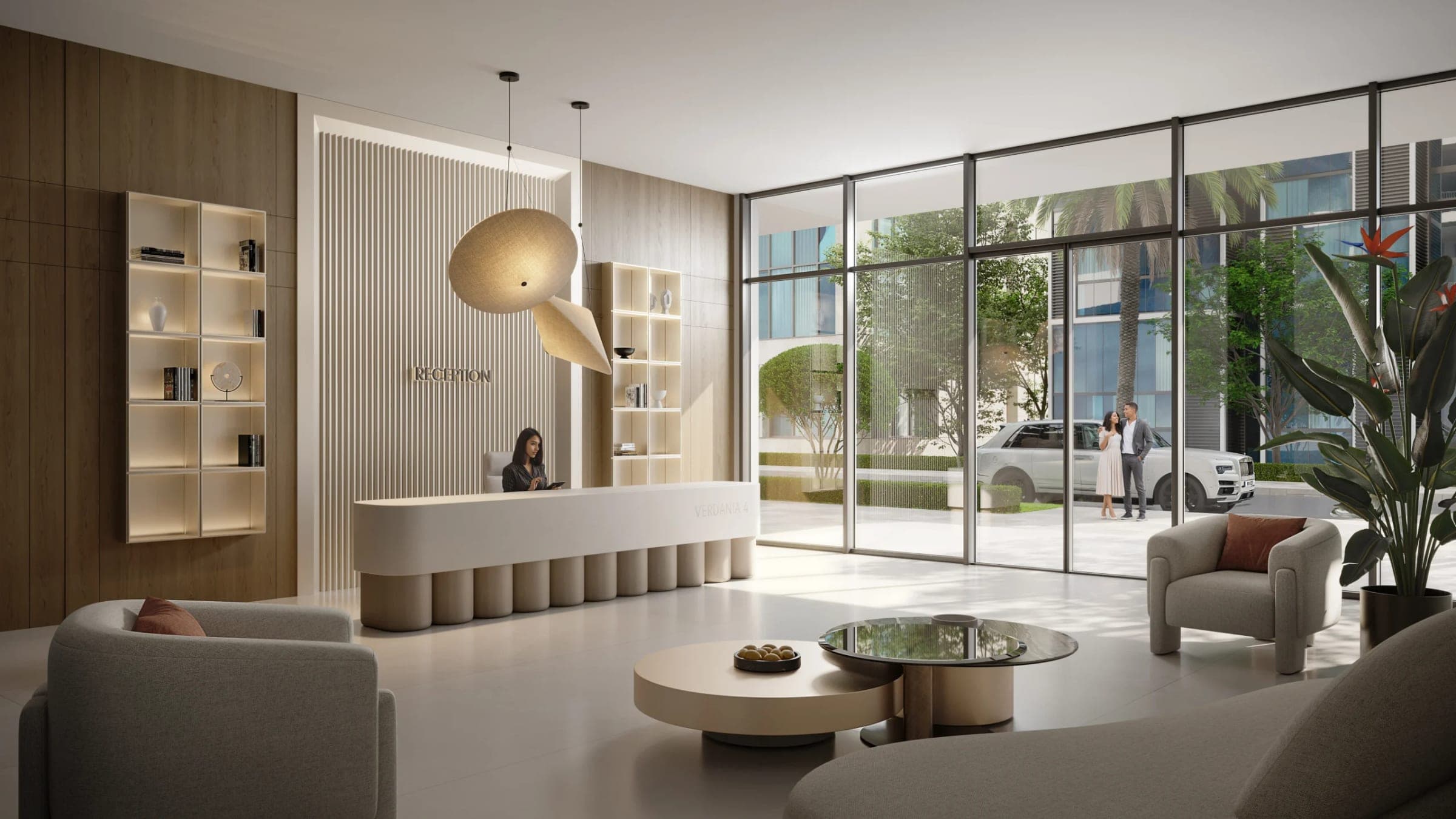 Render of the reception lobby at VERDAN1A 4, with a curved desk, lit shelving and glazing onto the entrance forecourt