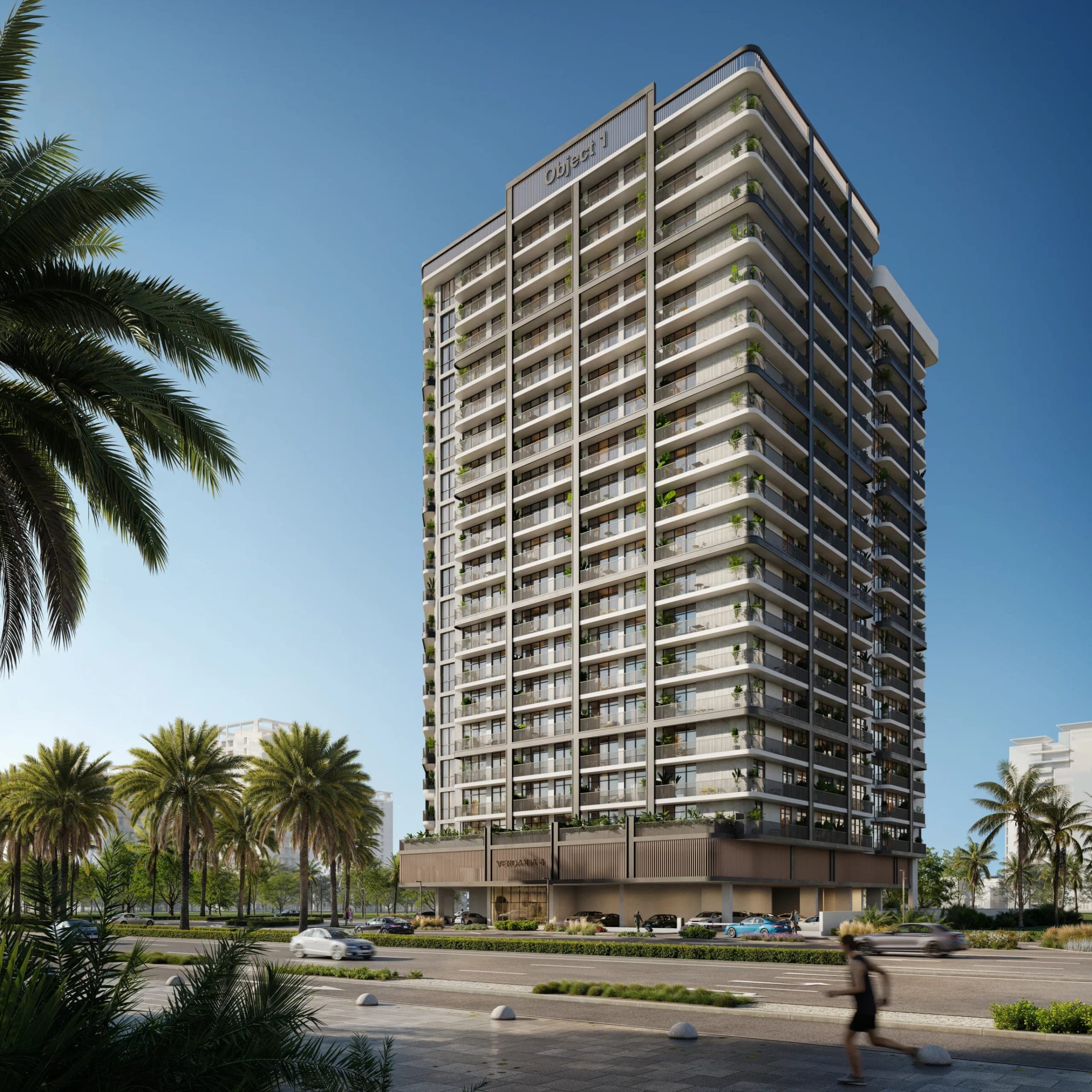 Render of VERDAN1A 4 in Dubailand Residence Complex, the balconied tower seen from across the road with palms in the foreground