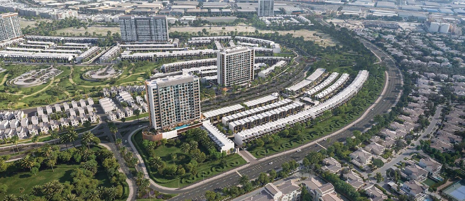 Render of Verdana from the air, showing the phased apartment blocks and curving townhouse rows set among landscaped grounds