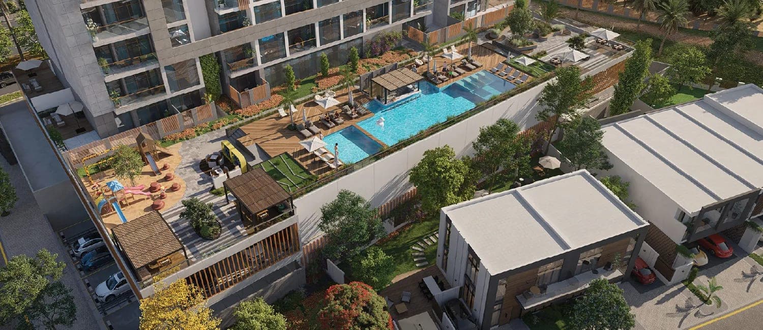 Render of the swimming pool deck and children's play area at Verdana, seen from above