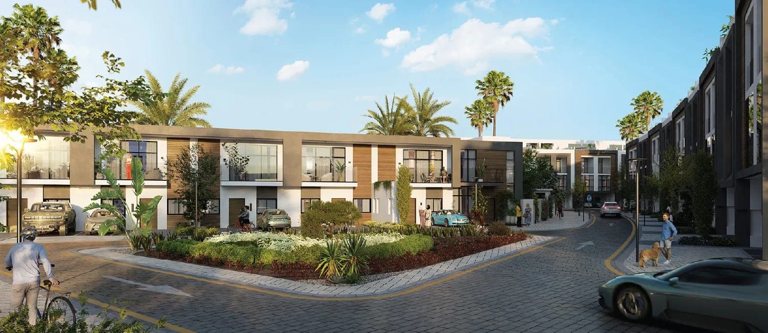 Render of a townhouse cluster at Verdana arranged around a landscaped roundabout