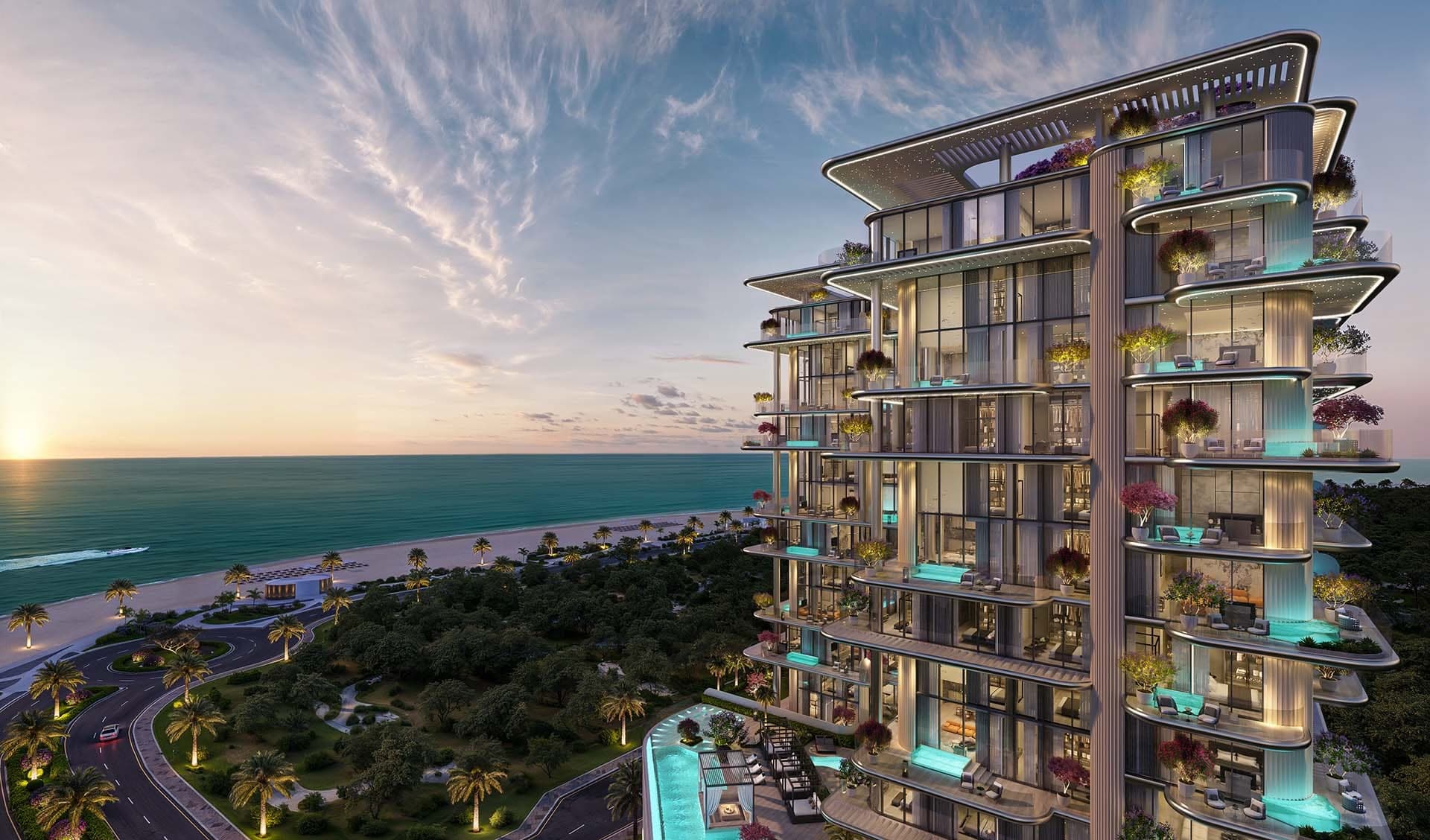 Render of Villa del Gavi on Dubai Islands at sunset, curved balconies with glass-sided plunge pools and flowering trees above a wooded park that runs to the beach