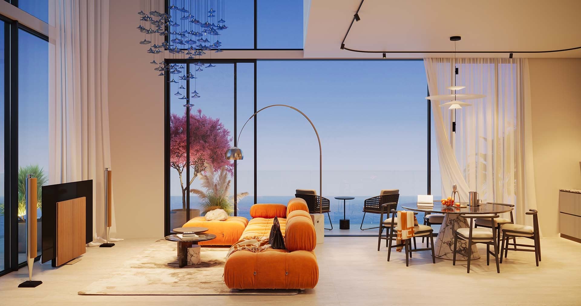 Render of a double-height living and dining room at Villa del Gavi on Dubai Islands, with an orange modular sofa and tall windows onto a terrace and the sea