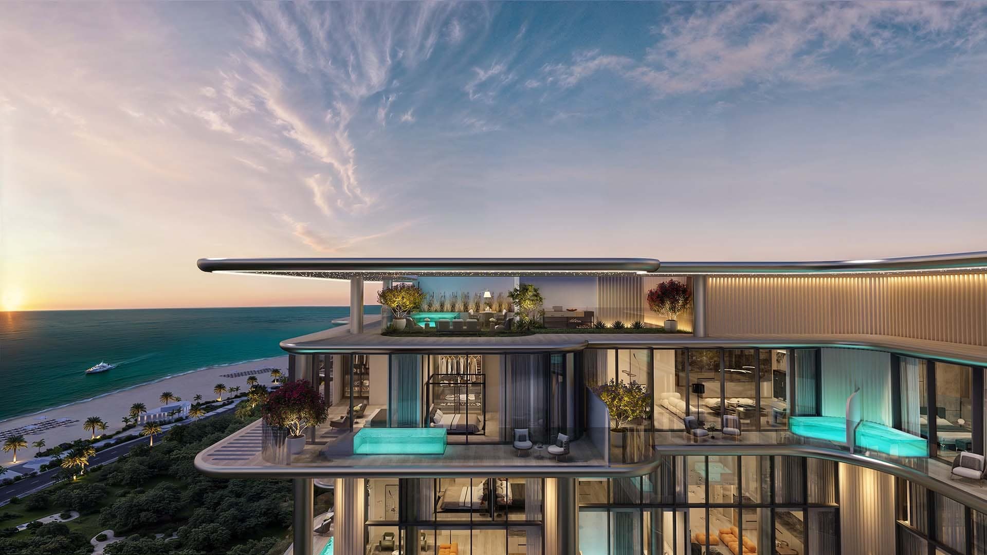Render of the upper floors of Villa del Gavi on Dubai Islands at sunset, a roof garden and terraces with glass-sided plunge pools overlooking the beach