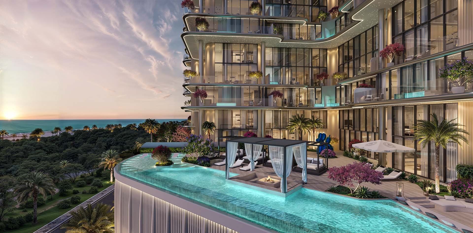 Render of the podium pool deck at Villa del Gavi on Dubai Islands at sunset, a glass-edged pool with a curtained cabana, a fire pit and flowering trees
