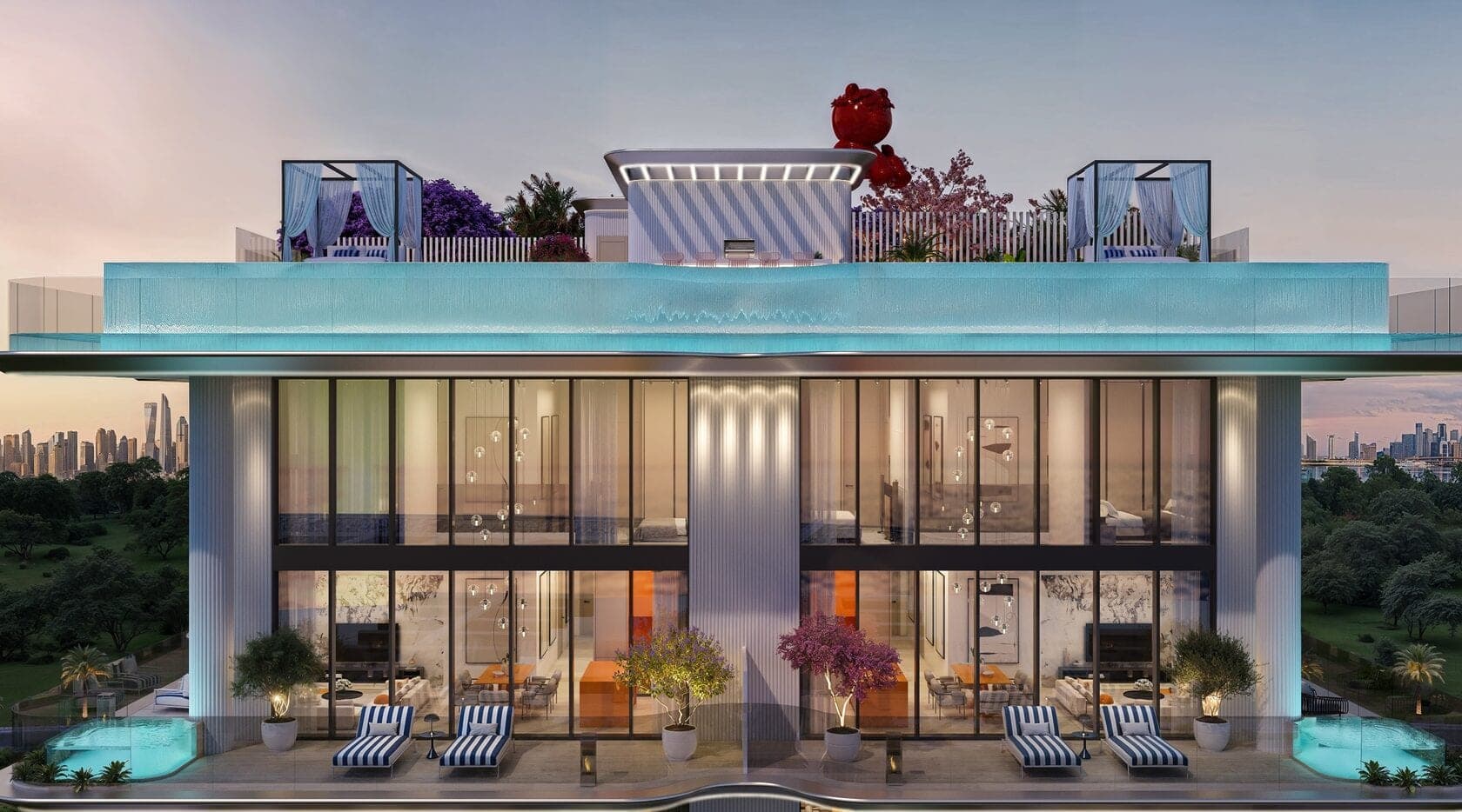 Render of the rooftop of Villa dell'Arte on Dubai Islands, a glass-walled pool edge and curtained cabanas above two floors of glazed apartments, the city skyline in the distance