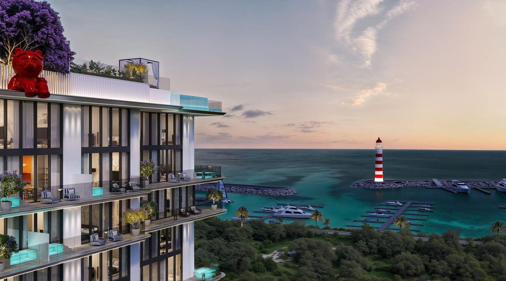 Render of the upper floors of Villa dell'Arte on Dubai Islands, terraces with glass plunge pools and a red bear sculpture on the roof, overlooking a marina and lighthouse