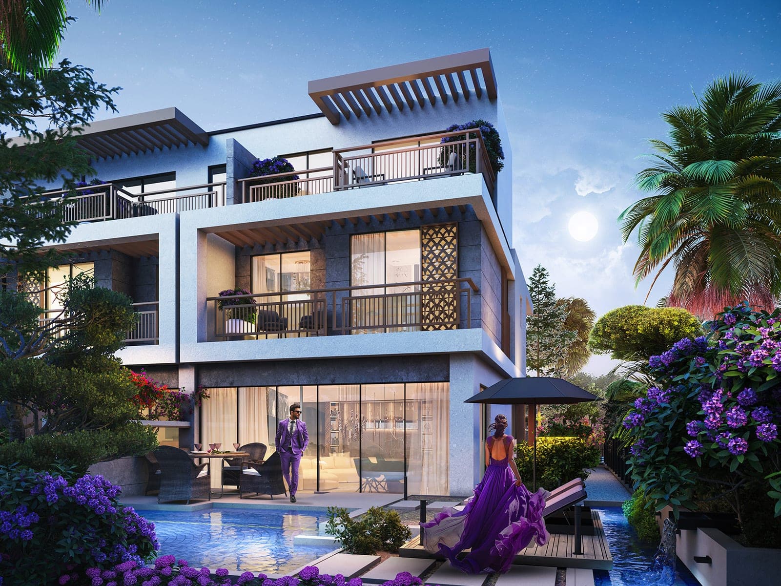 Render of the rear of a Violet 4 townhouse at night, a glazed ground floor opening onto a small pool and terrace with a dining table, framed by purple flowering shrubs