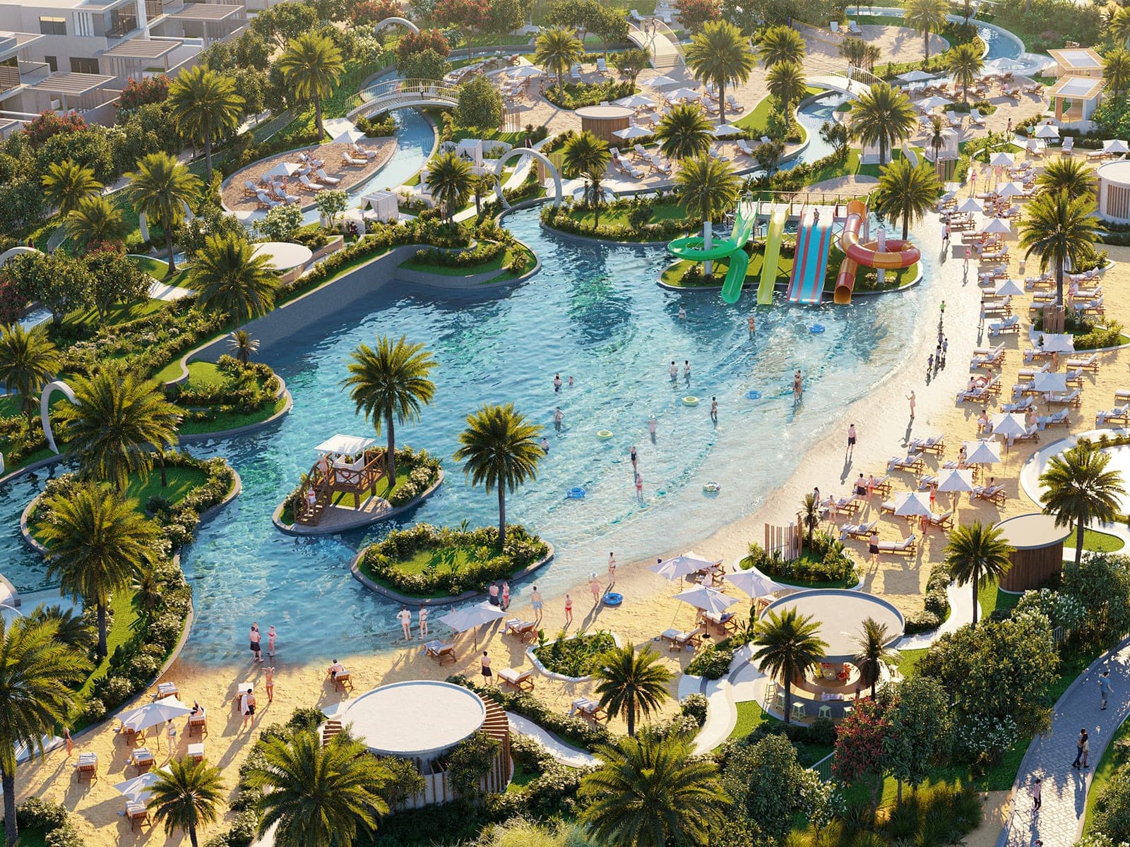 Render of Malibu Beach in DAMAC Hills 2 from above, a sand beach with sun loungers and umbrellas around a lagoon pool with water slides and palm islands