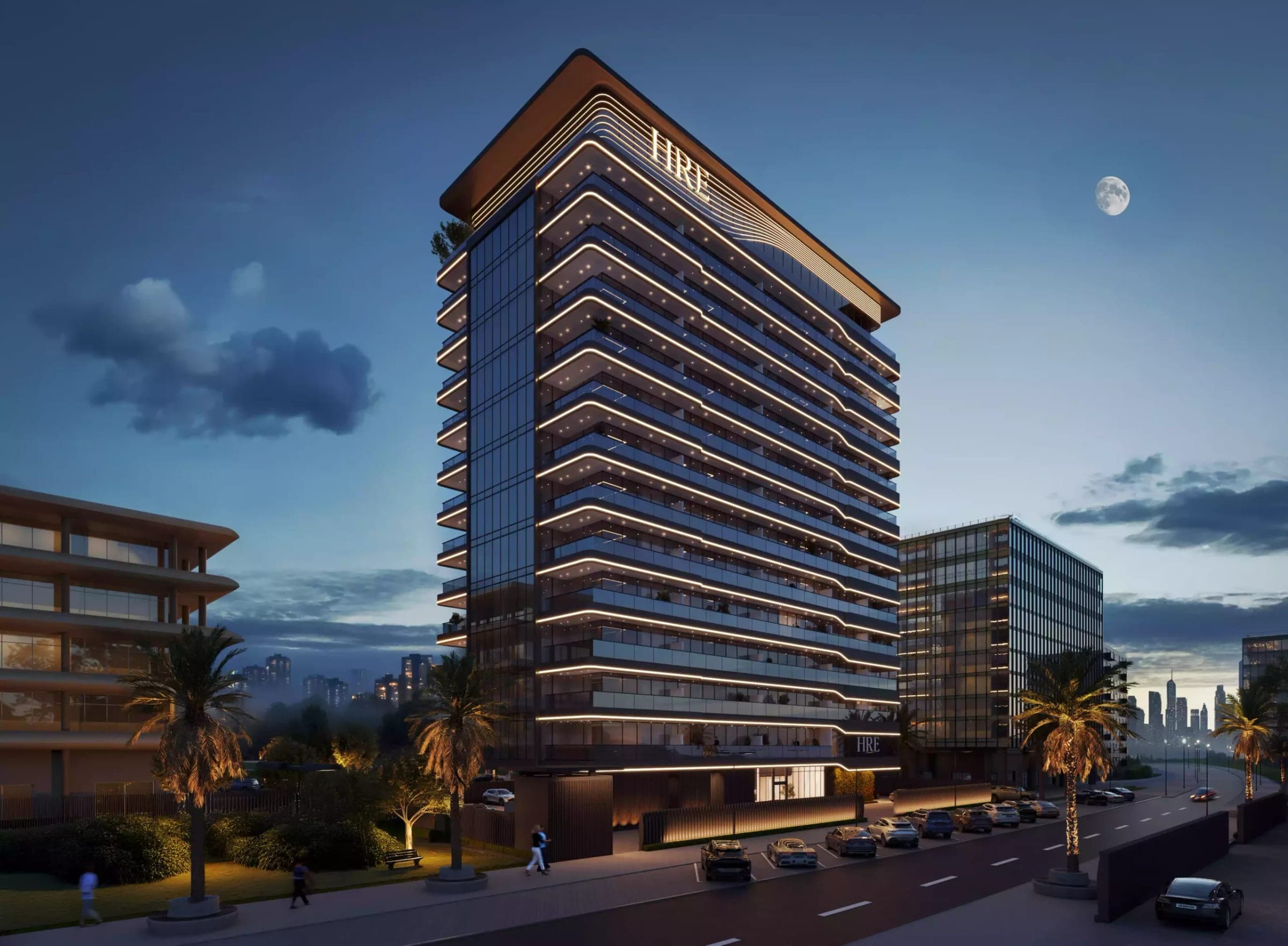Render of Wadi Hills by HRE Development in Wadi Al Safa, Dubailand, seen from the street at dusk with the HRE signage on the crown