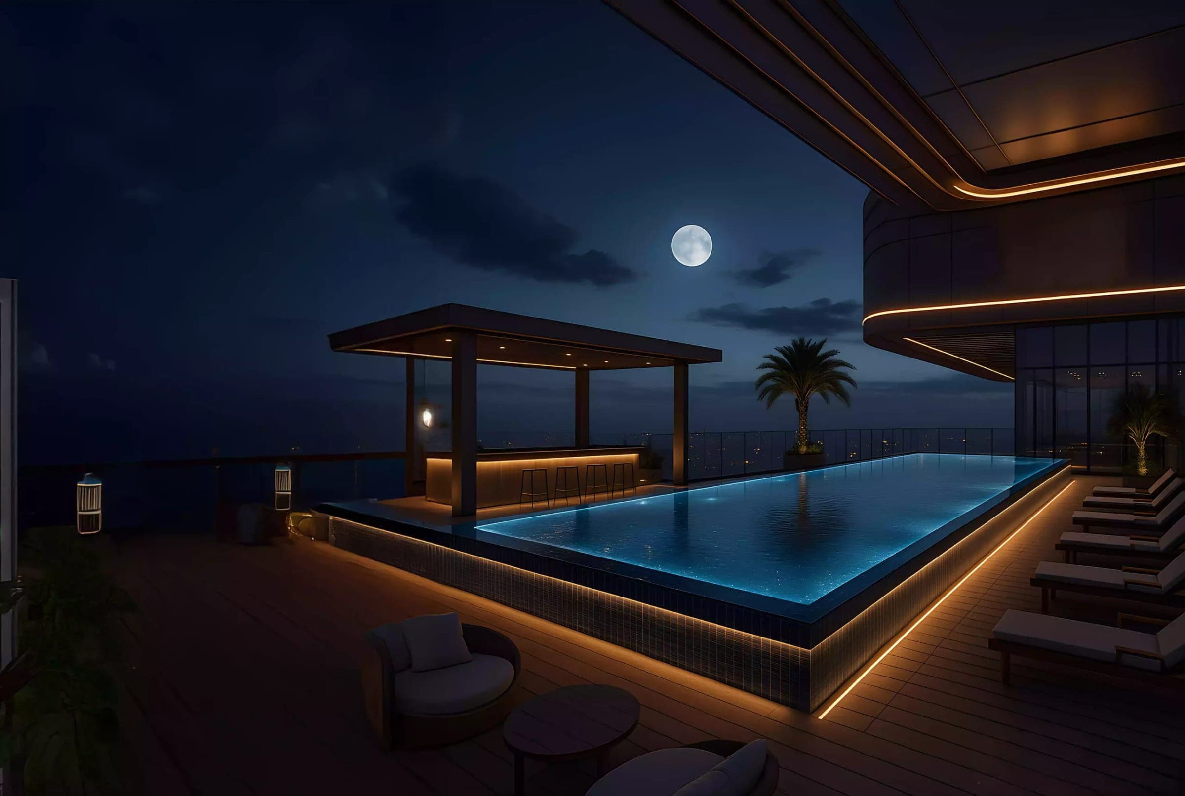 Render of the rooftop pool and shaded seating deck at Wadi Hills by HRE Development, shown at night