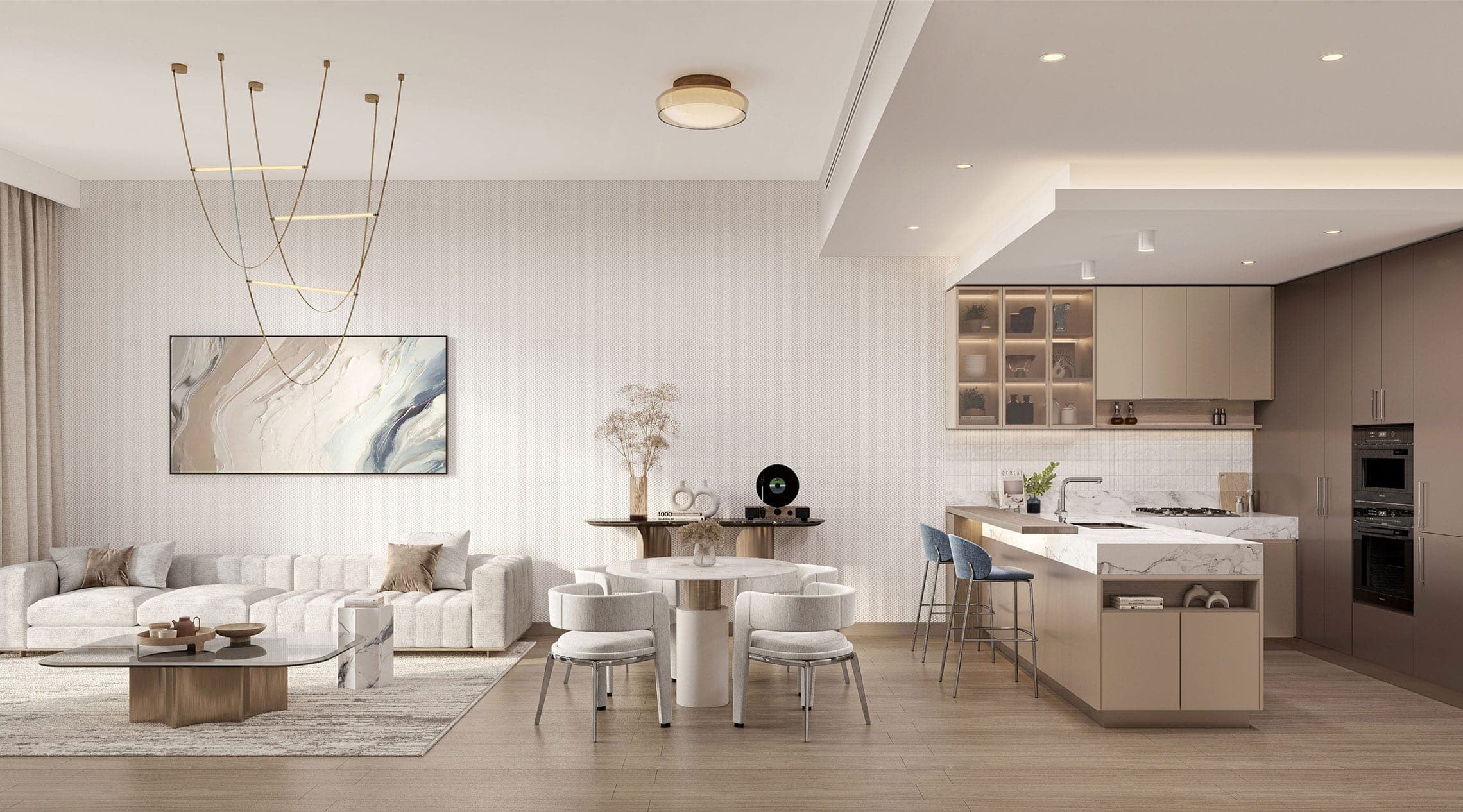 Render of an apartment living, dining and kitchen area at Windsor House in Dubai South, with a round dining table and a marble-topped counter