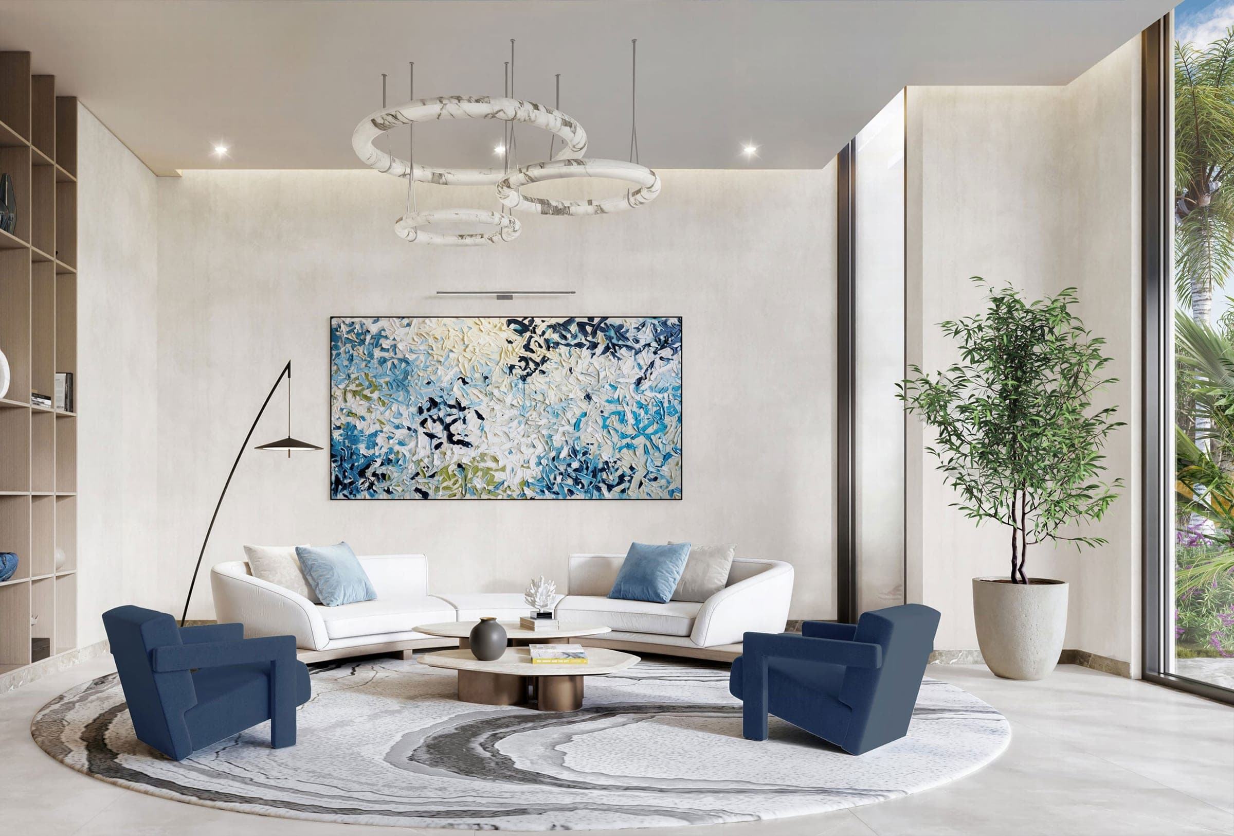 Render of a lobby lounge at Windsor House in Dubai South, with a curved white sofa, navy armchairs and a large abstract painting