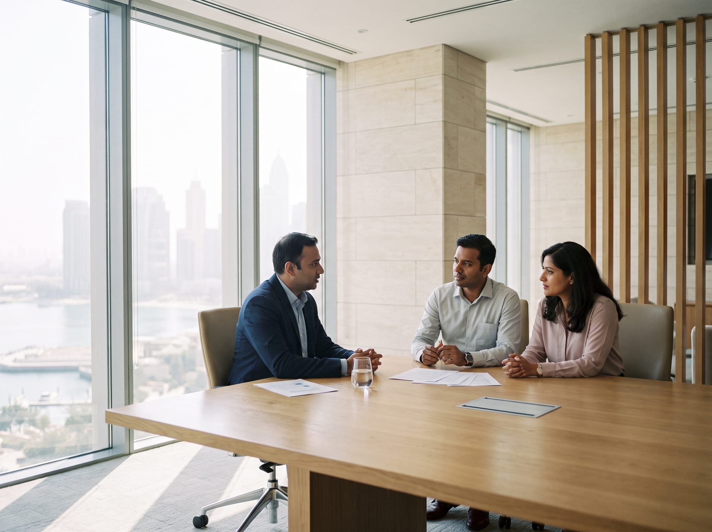 An advisor and a South Asian couple talking across a table in a bright stone-and-timber office