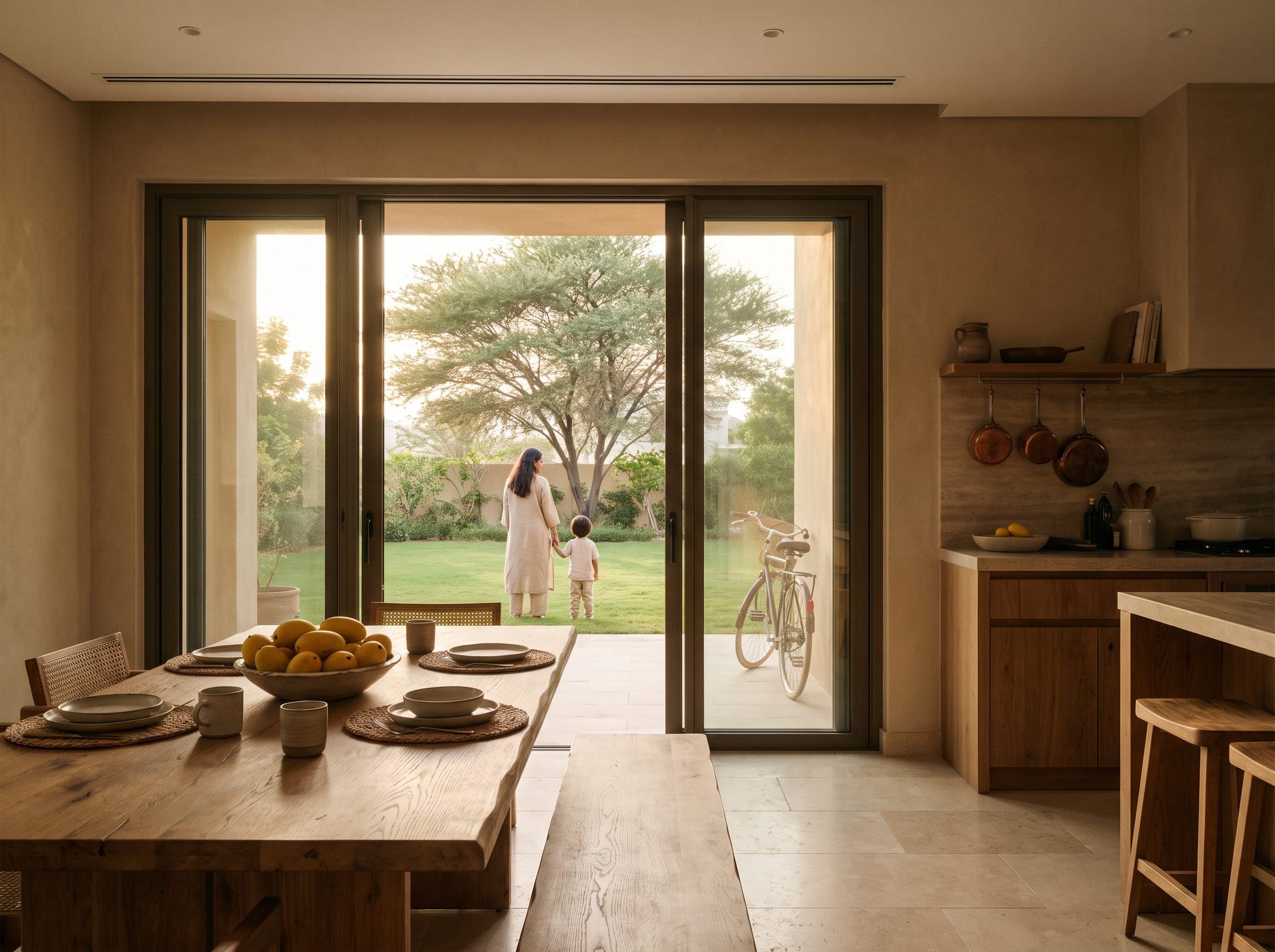 Family villa interior at golden hour with an open kitchen and garden doors, a South Asian parent and child in the garden