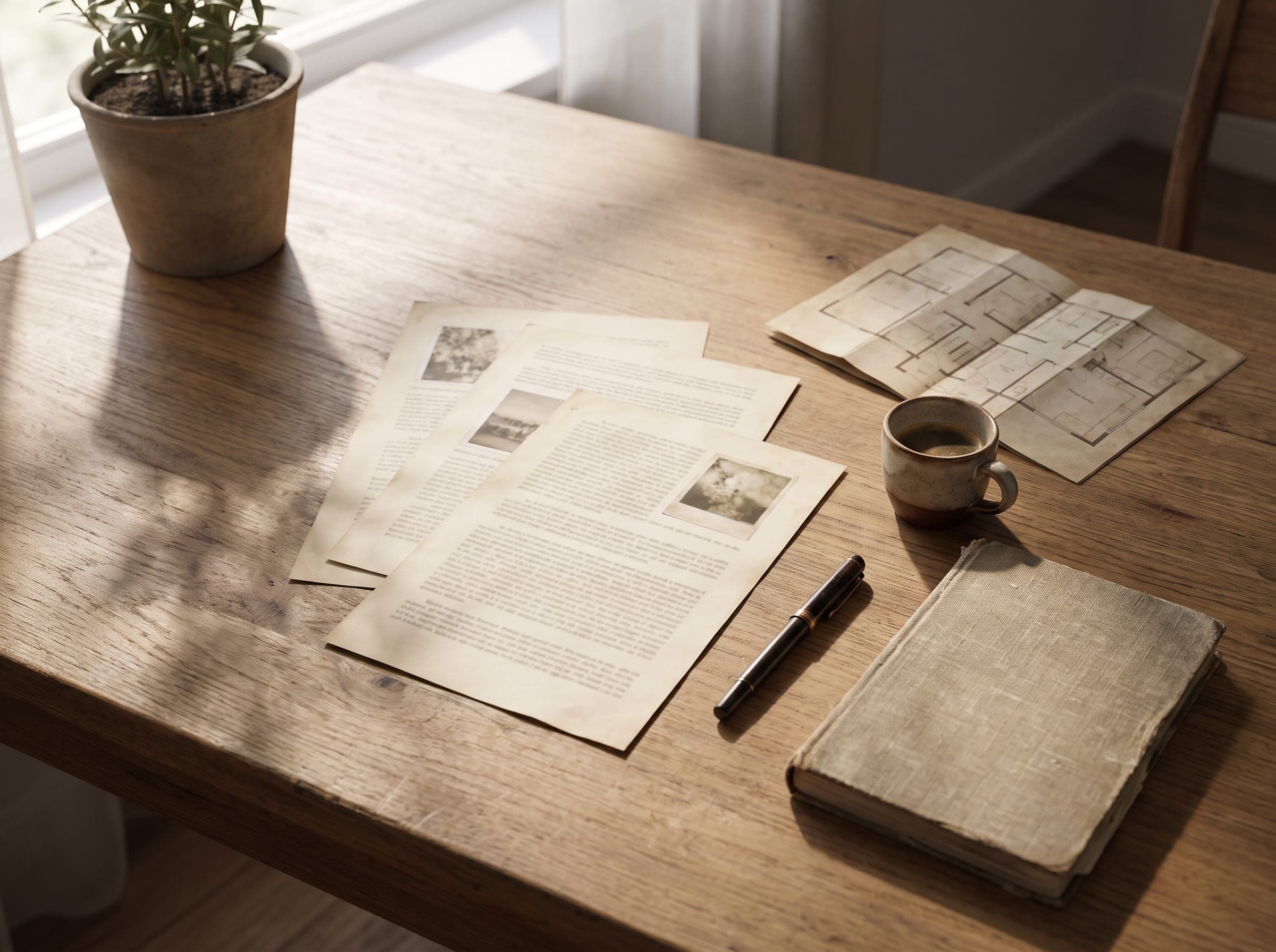Three printed property sheets, a pen and a coffee on an oak table in soft morning light