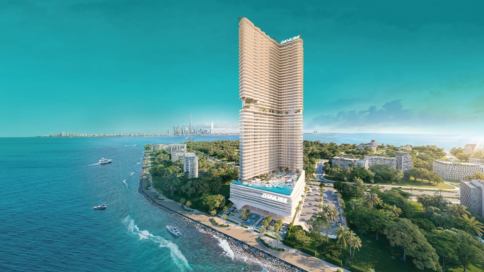 Render of Dubai Maritime City by Danube, the peninsula shoreline seen from the sea with Danube’s Breez tower above the low-rise waterfront and the Dubai skyline across the water